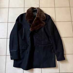 Karl Lagerfeld Men's Black Double-Breasted Coat with Brown Fur Collar